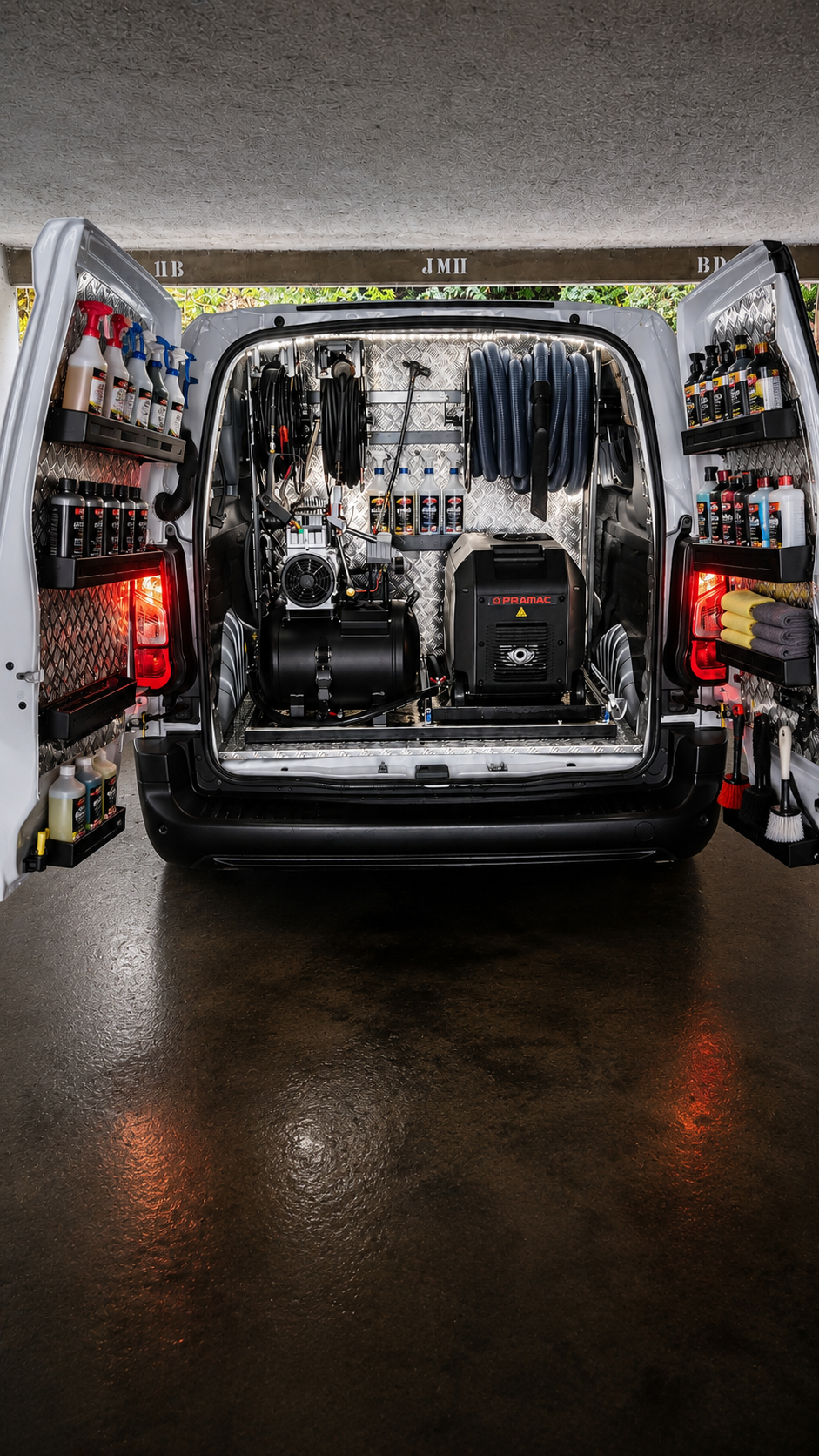 Intérieur d'un camion Nickel'Car équipé : générateur, karcher et produits professionnels
