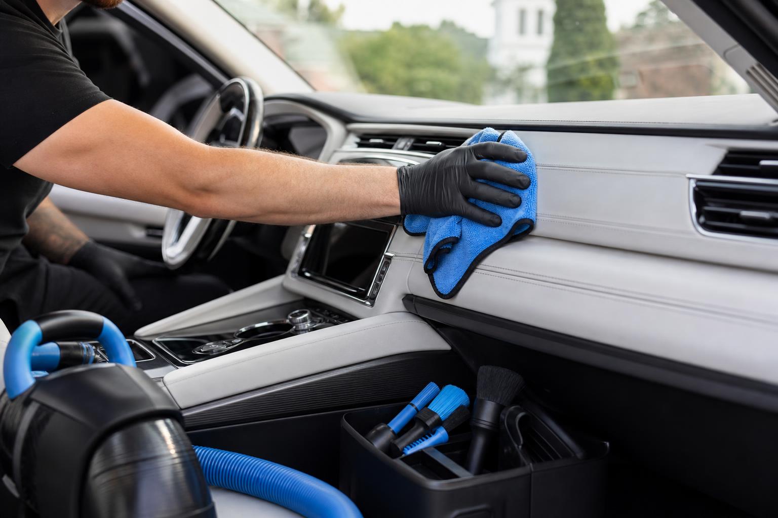 Détailliste professionnel essuyant le tableau de bord d'un véhicule premium avec une microfibre bleue