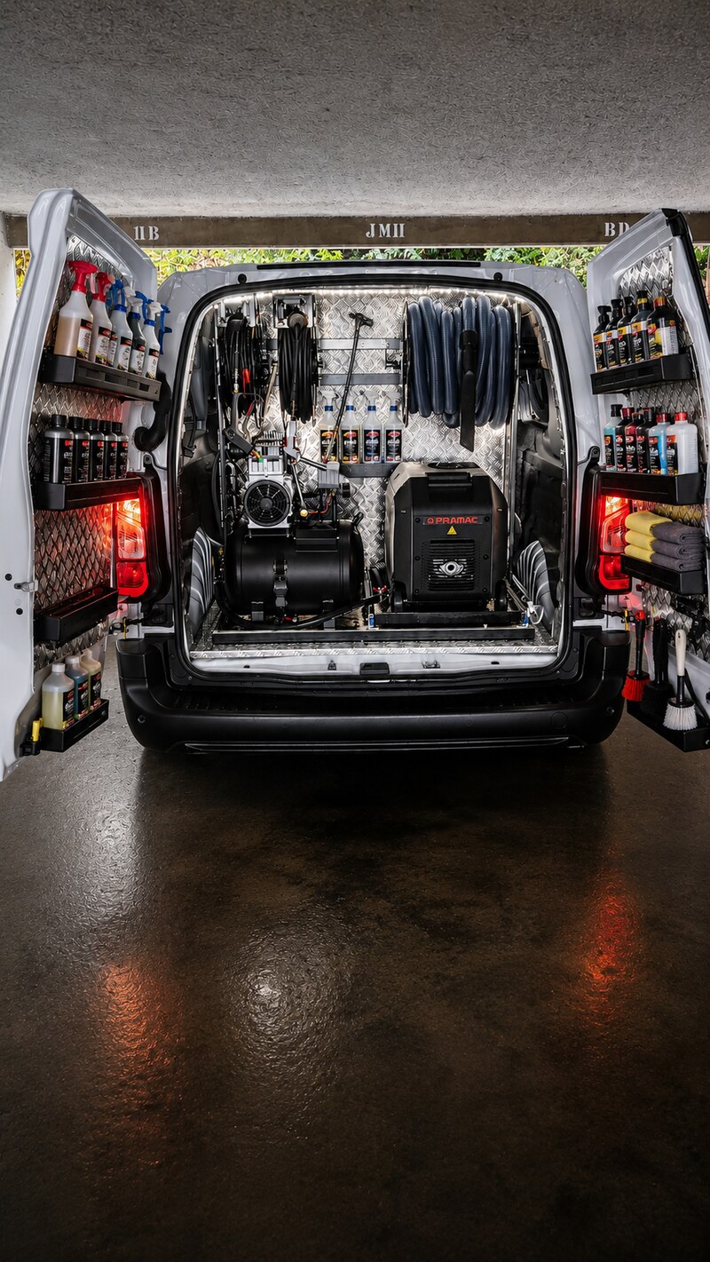 Vue rapprochée d'un camion Nickel'Car équipé : générateur, karcher et produits professionnels